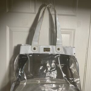 Versace Perfume Extra large Clear plastic Tote Bag White patent trims.
